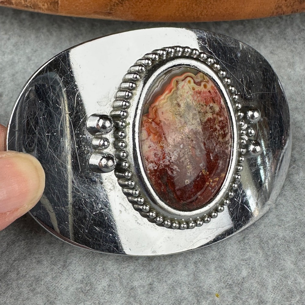 Vtg Style Red Lace‎ Agate Silver Tone Oval Western Belt Buckle